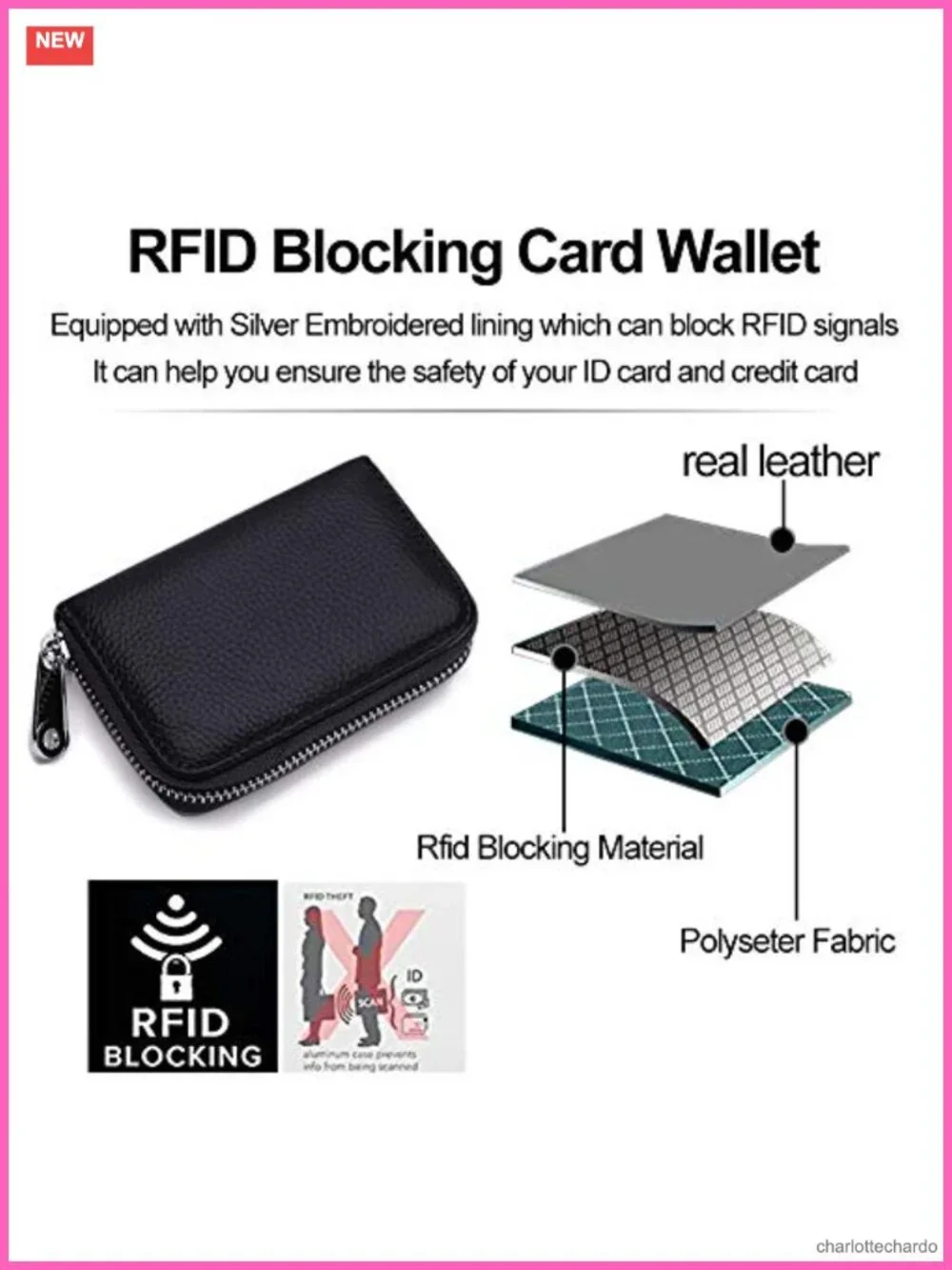 Genuine Leather RFID Blocking Credit Card Wallet with Zipper, 14 Slots
